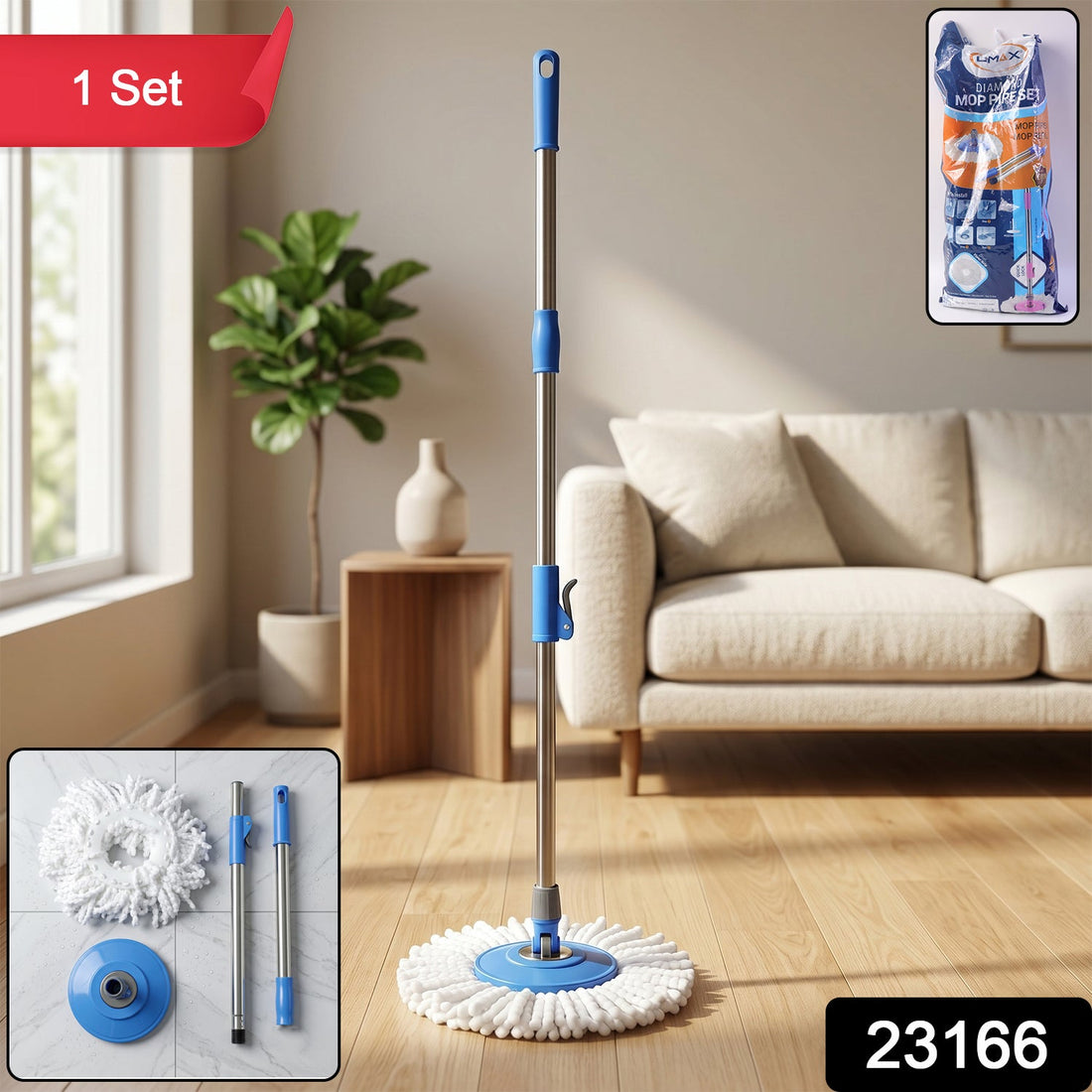 360 degree rotating spin mop with stainless steel handle for efficient cleaning