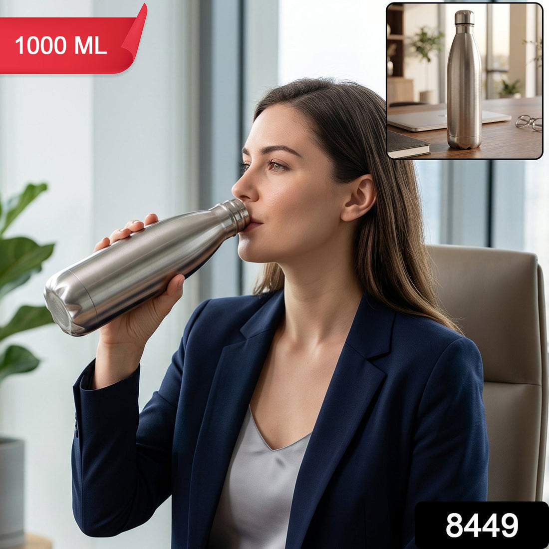 Stainless steel vacuum insulated water bottle 1000ml, hot and cold flask (1 pc)