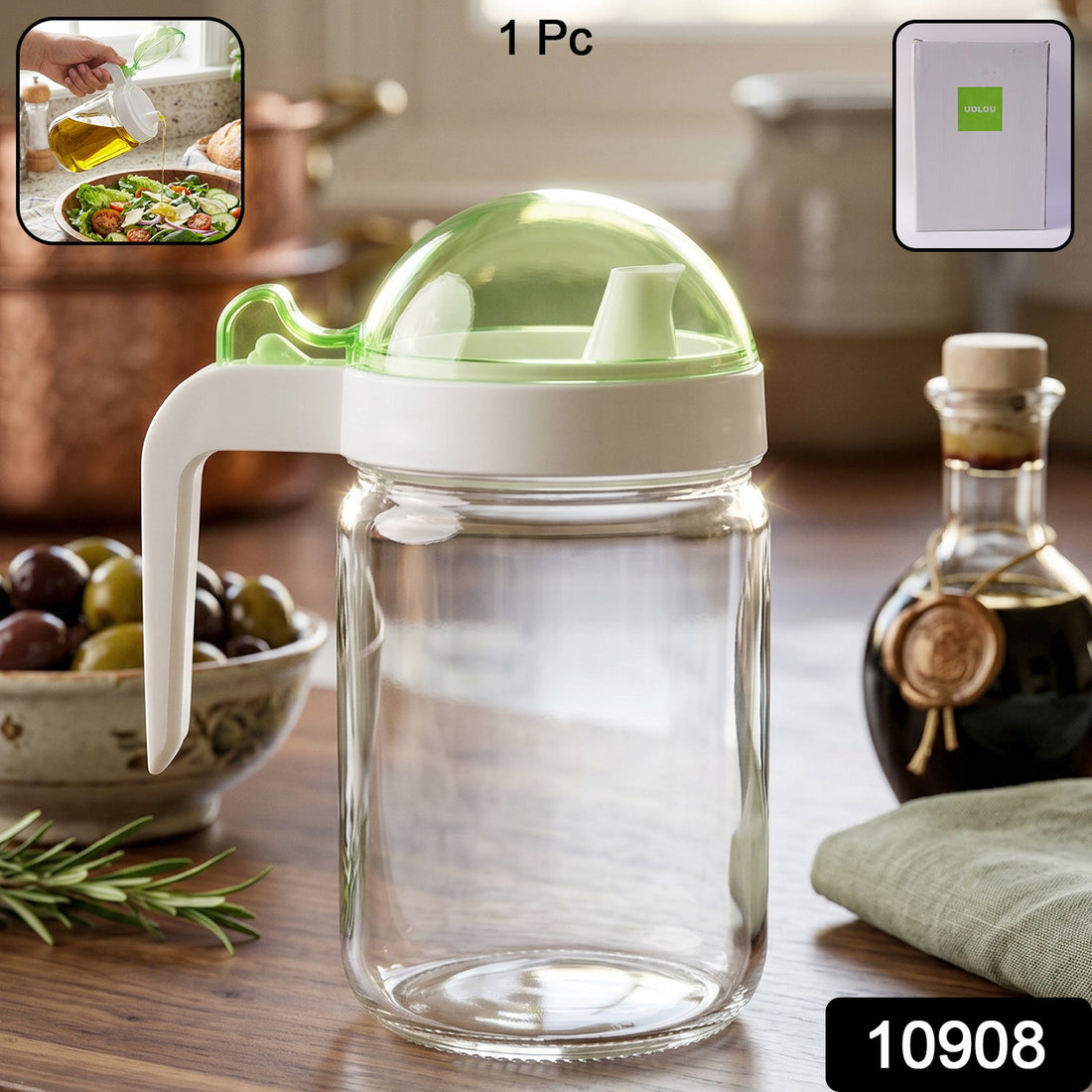 Glass oil dispenser bottle with leak-proof lid and easy pour spout