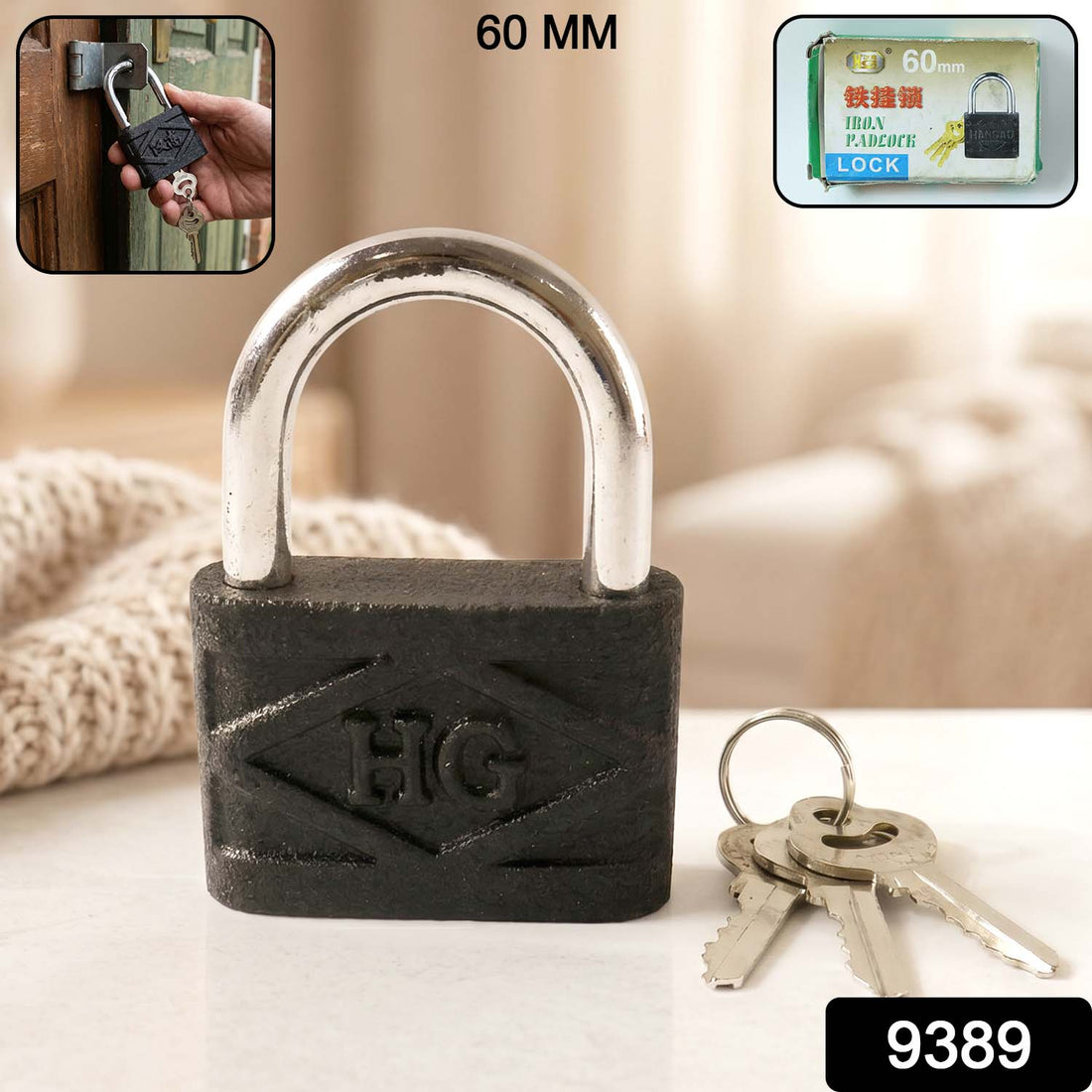 Front view of the AutoSafeo Heavy Duty Padlock, showing its robust iron construction.