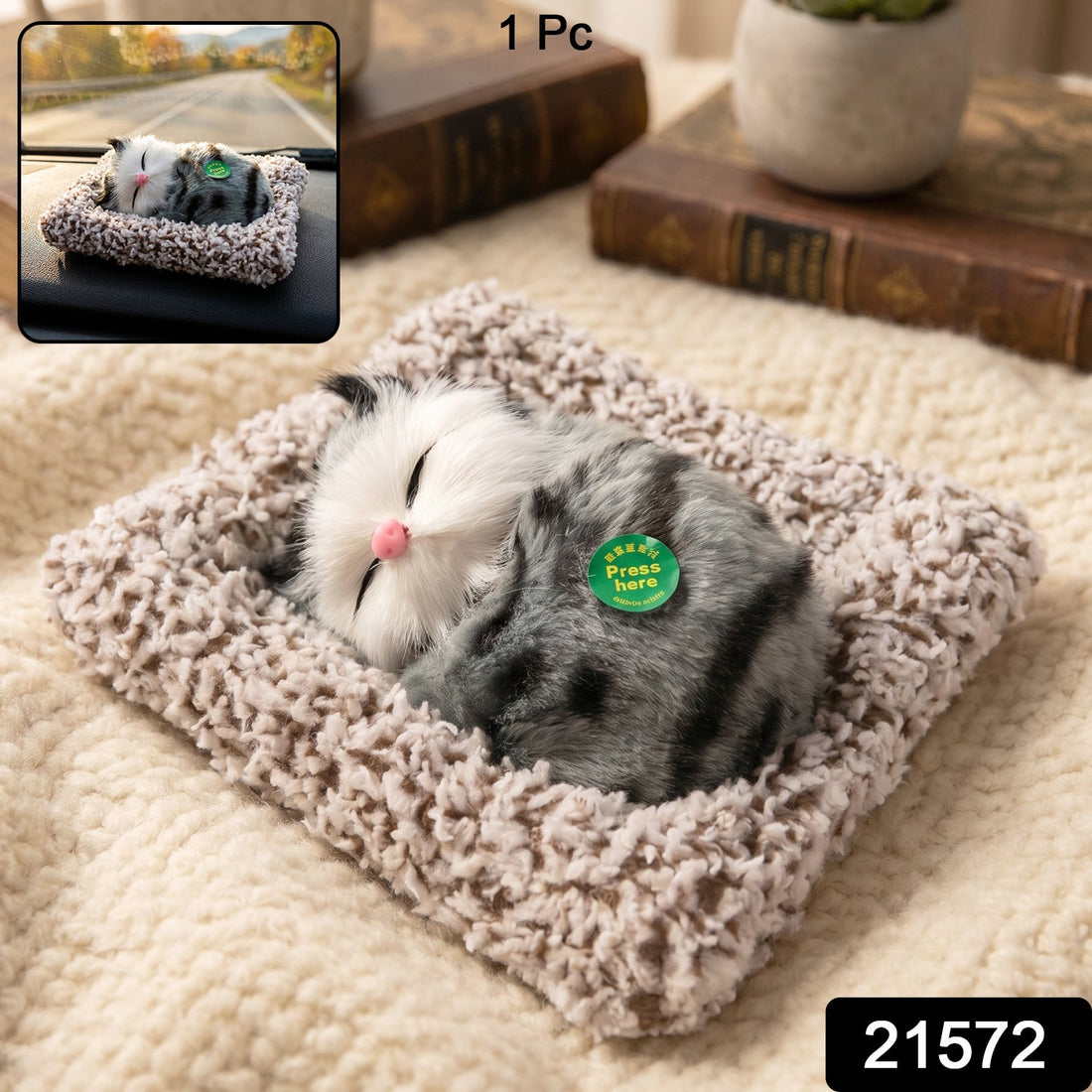 Plush open-eye cat showpiece on white background