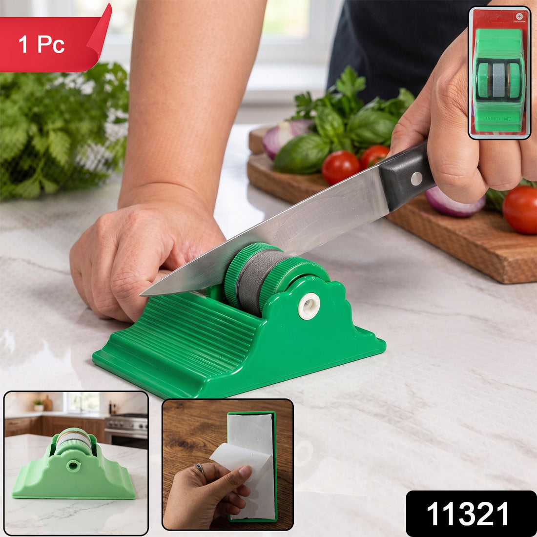 Compact knife sharpener with adhesive base and manual roller blades (1 pc)