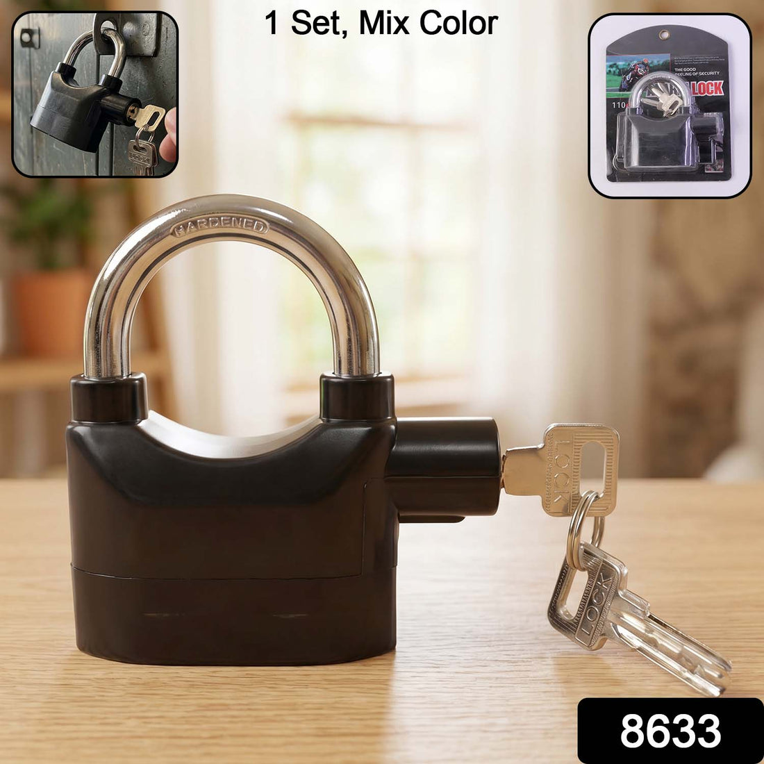 Security Alarm Padlock with its shackle open, showcasing the robust metallic body.