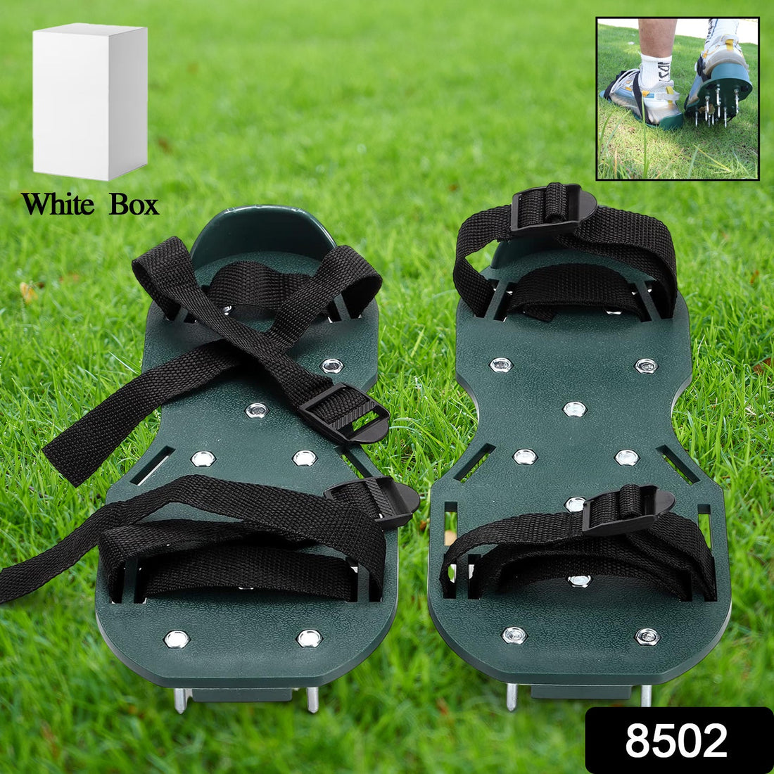 Pair of green Lawn Aerator Sandals with sharp spikes, ready for garden use.