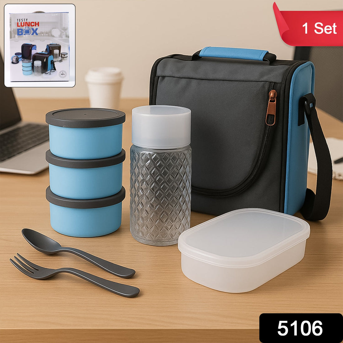 Insulated Lunch Box Set with fabric carry bag and steel bottle.