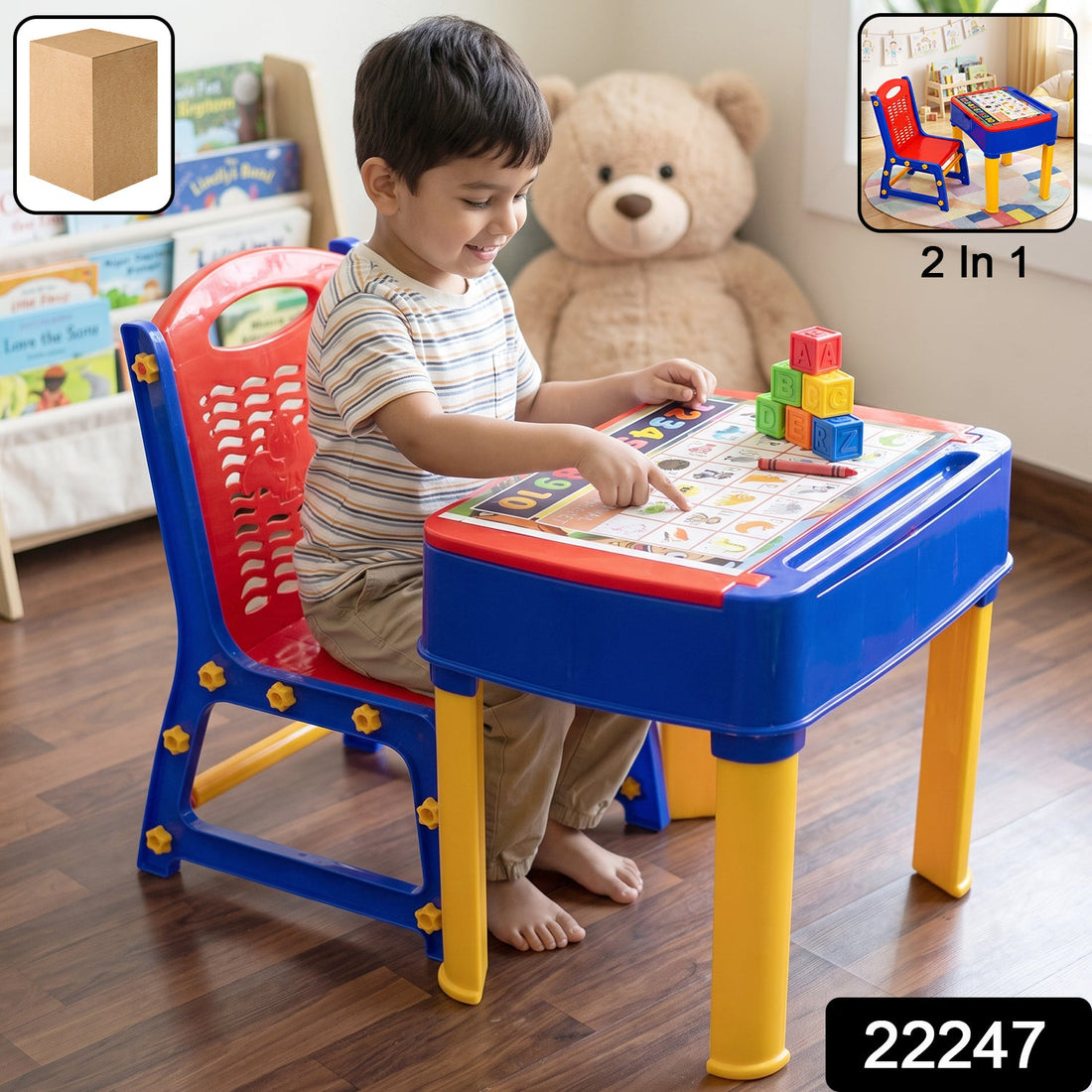 2 in 1 plastic kids study table and chair set with learning board (2 pc set)