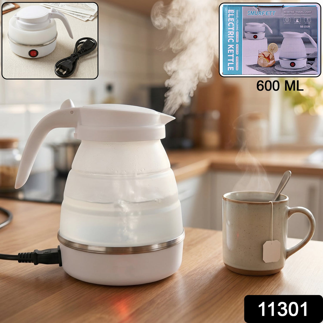 Collapsible travel electric kettle, 600ml foldable silicone water boiler (1 pc)
