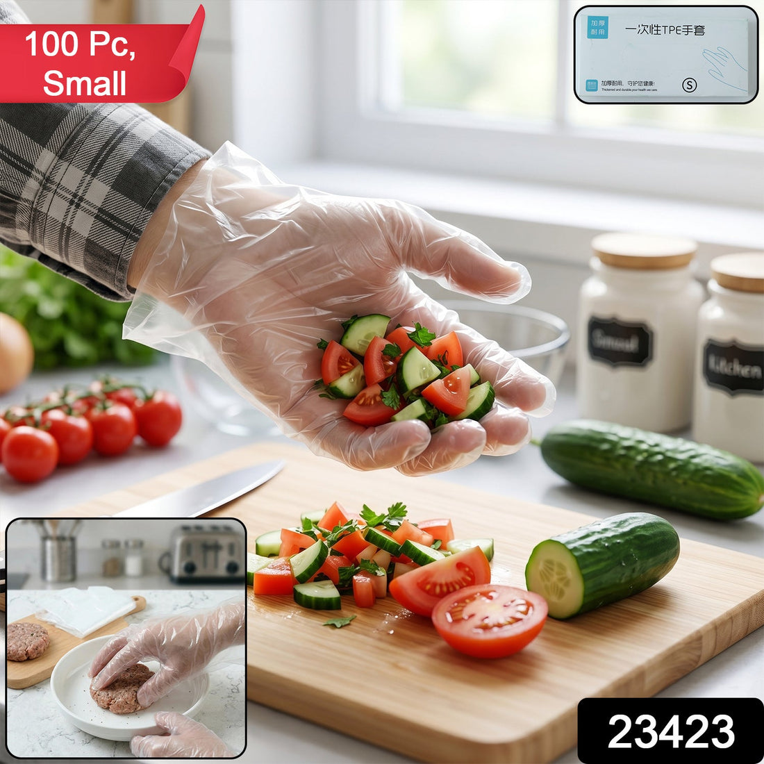 Clear disposable plastic gloves ideal for food handling and cleaning tasks