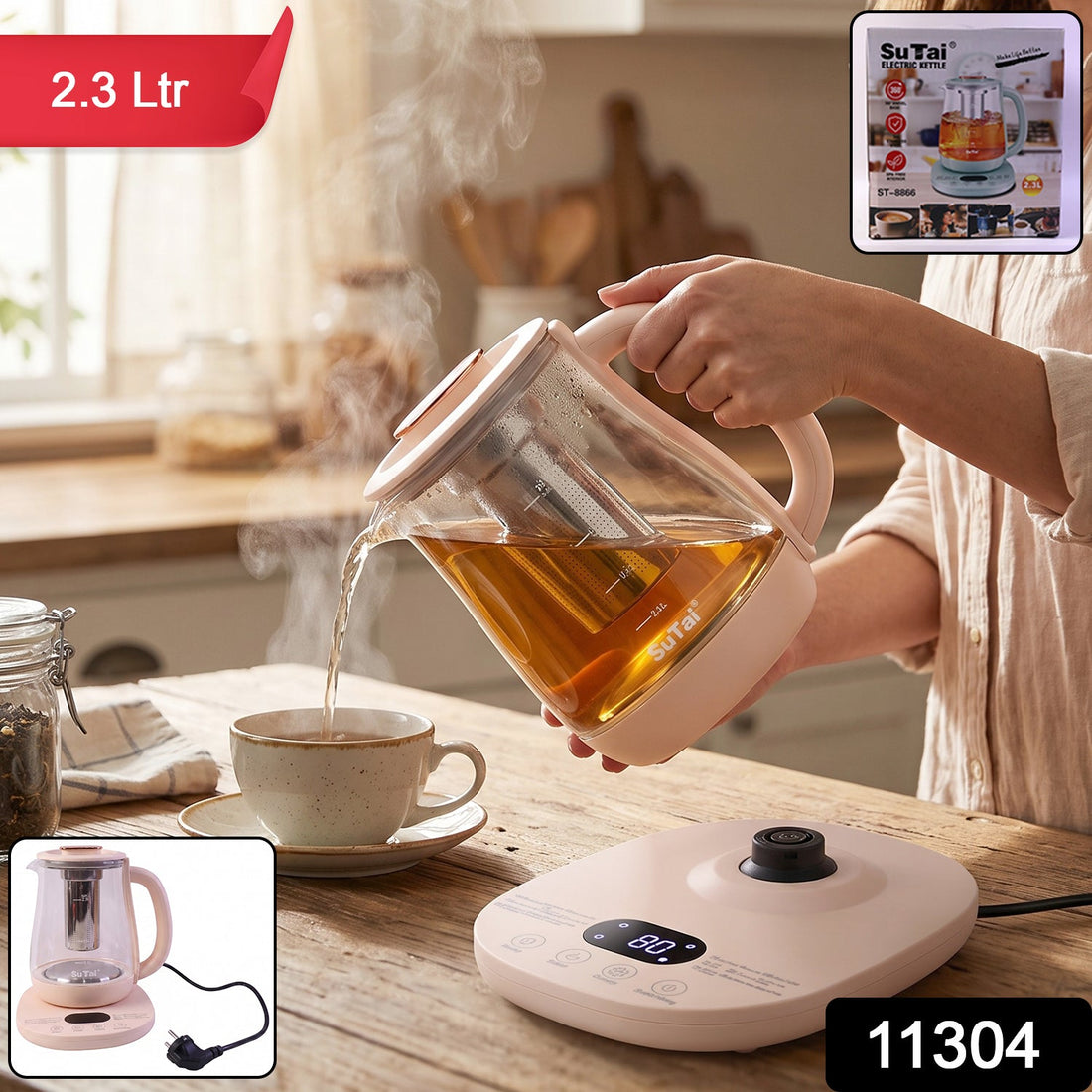 Suta electric glass kettle, 2.3L tea maker with infuser and temperature control (1 pc)