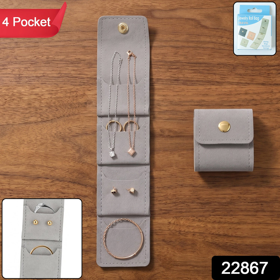 Portable travel jewelry roll bag with 4 pockets, foldable organizer pouch (1 pc)