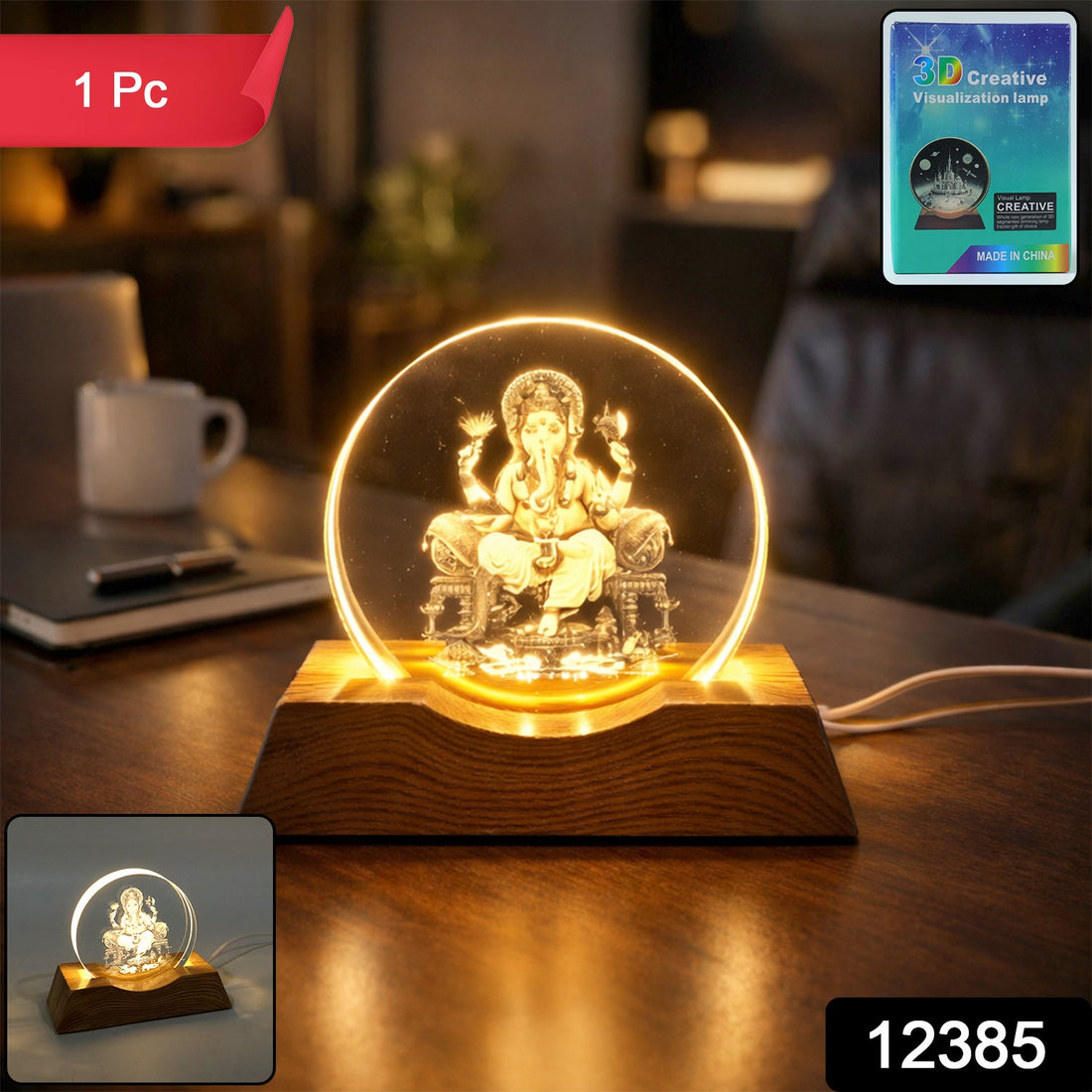 3D Lord Ganesha LED Night Lamp with wooden base glowing smoothly