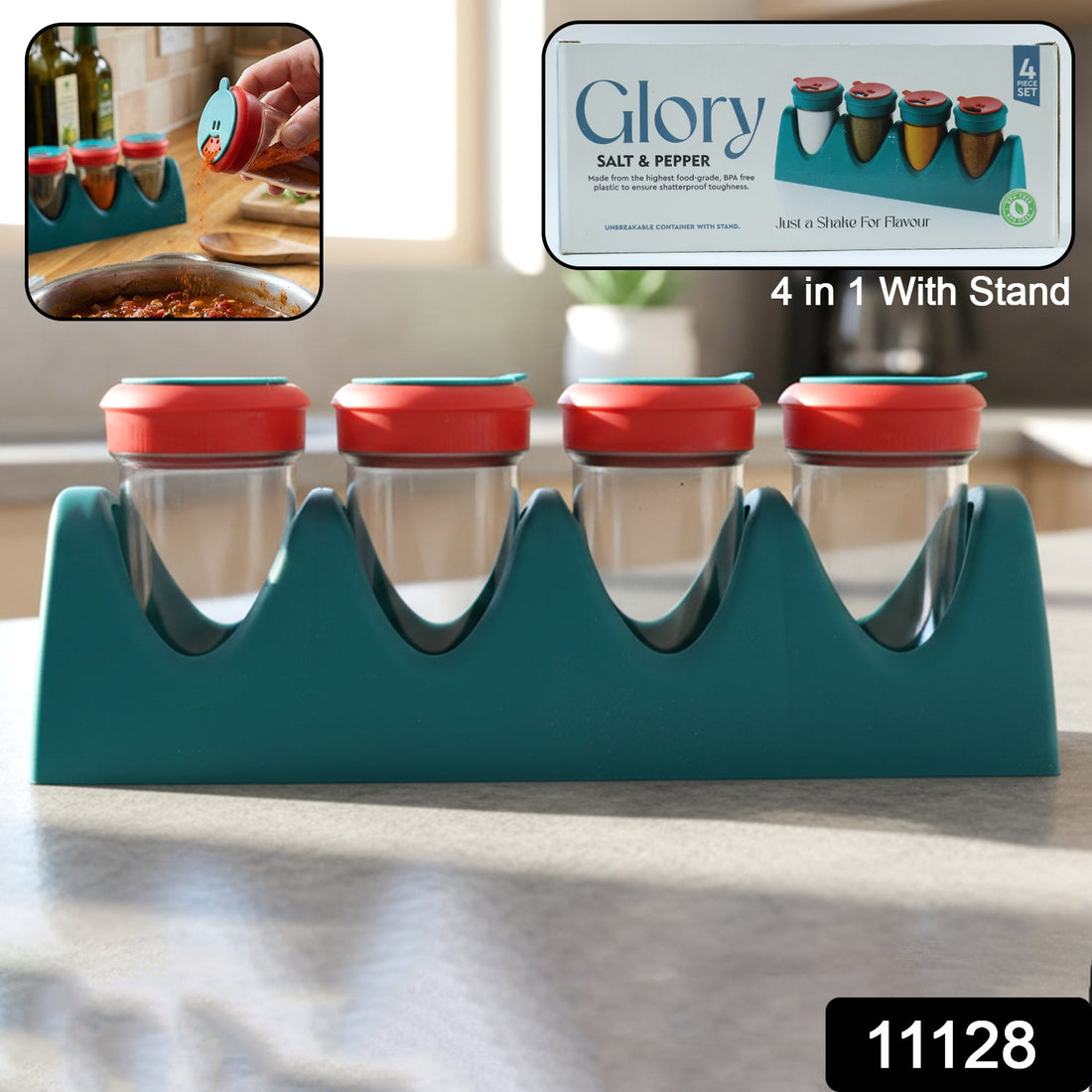 4-in-1 multipurpose spice shaker set with stand on kitchen counter