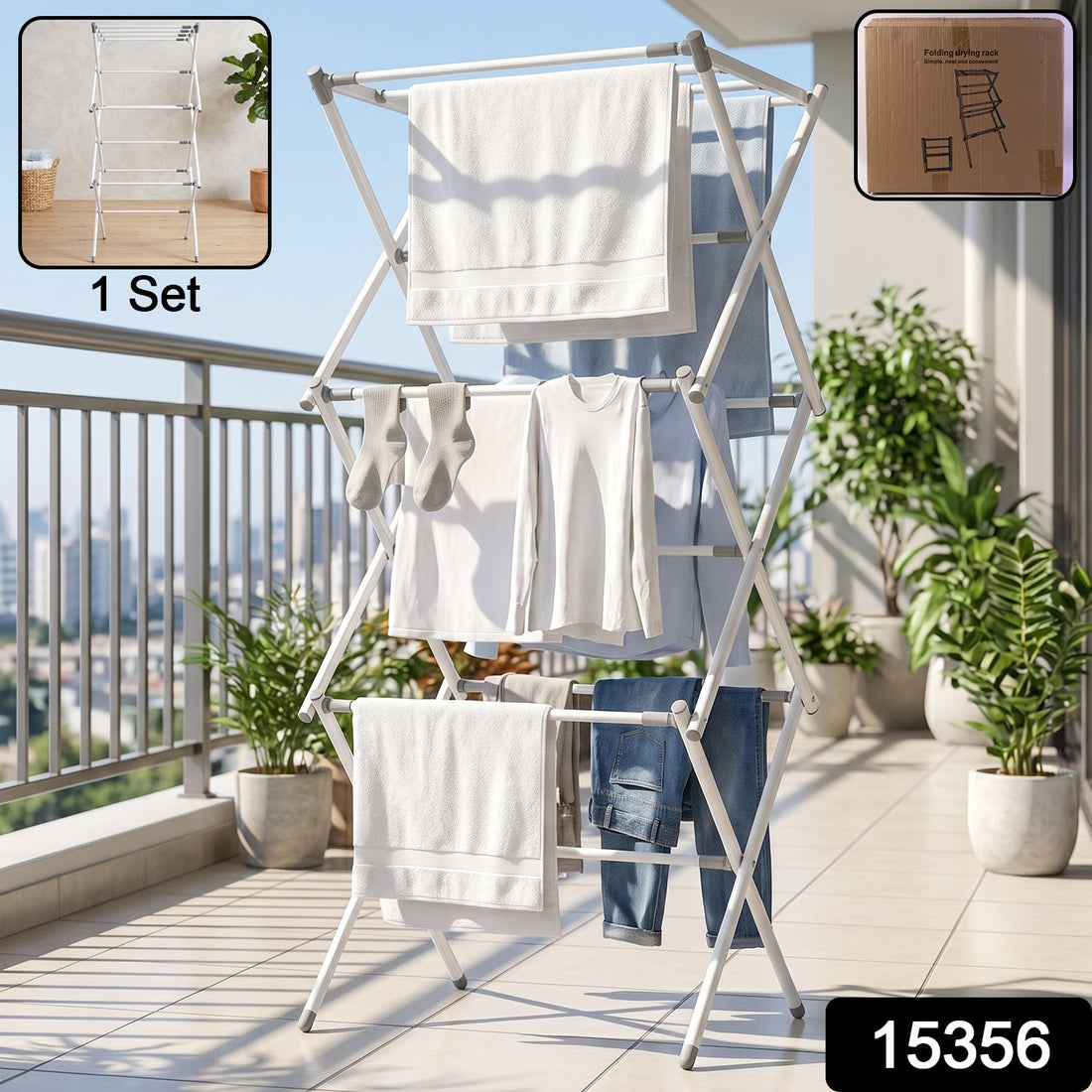 3 Tier Folding Clothes Drying Rack Laundry Cloth Dryer Stand for Balcony (1 Set) product image