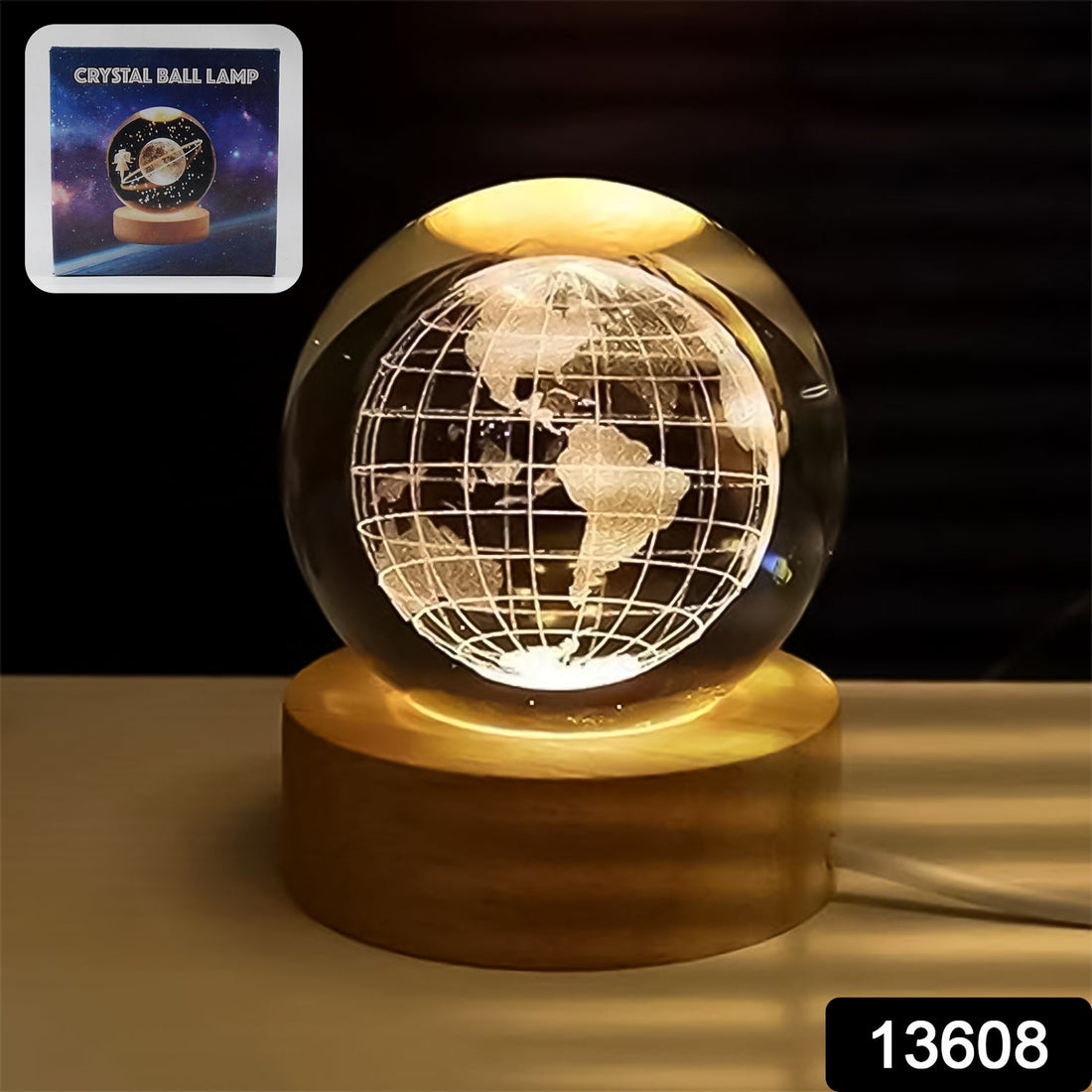 3D crystal ball lamp with world map projection on a wooden base.