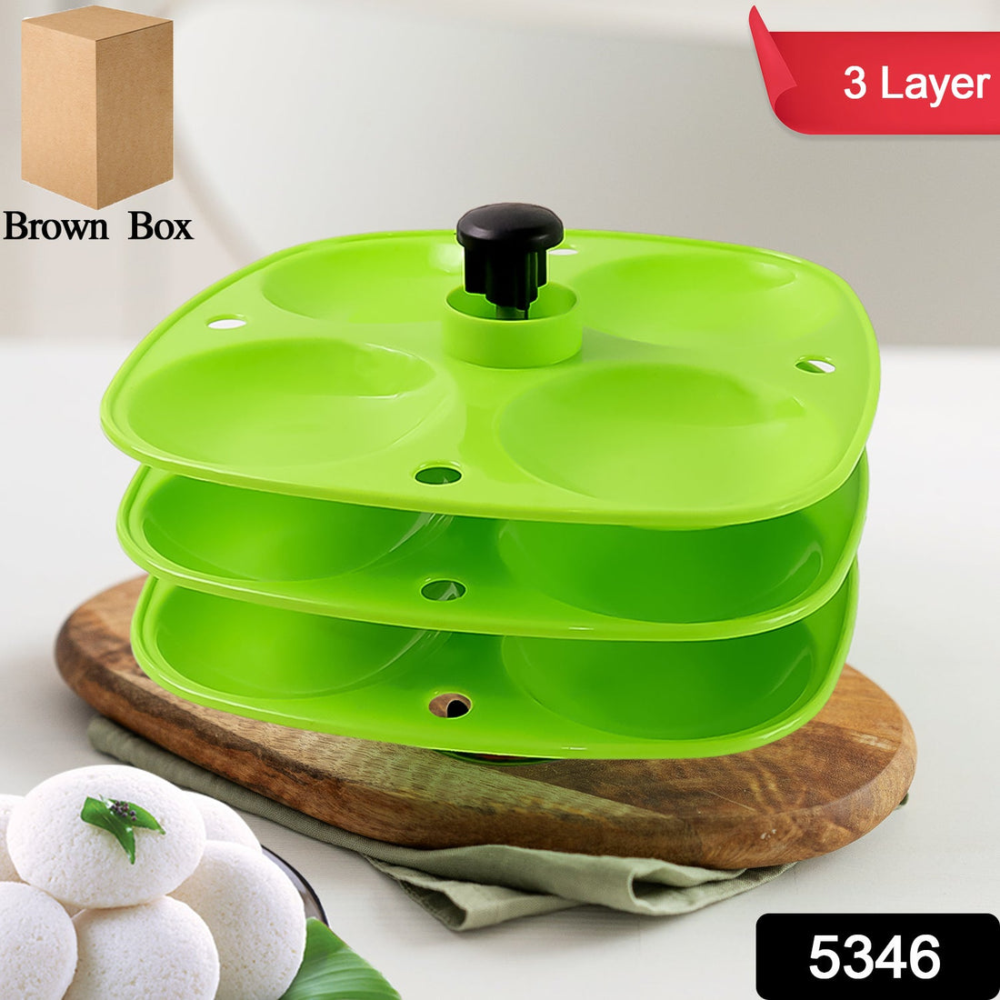 Front view of the 3 Layer Idli Stand, ready for easy idli making.
