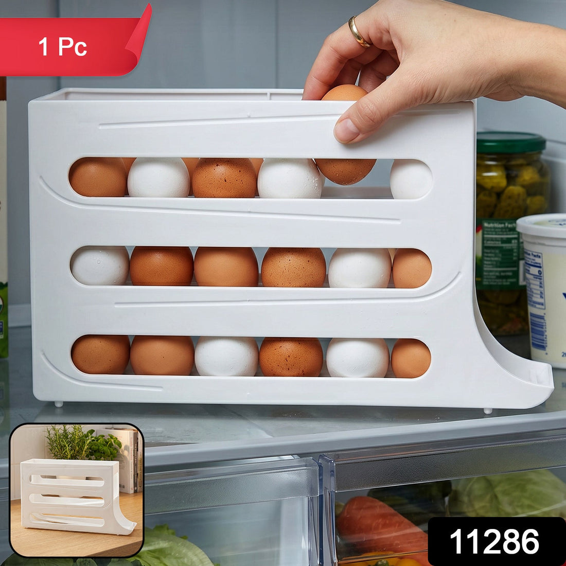 Plastic egg storage organizer in refrigerator for neat kitchen organization