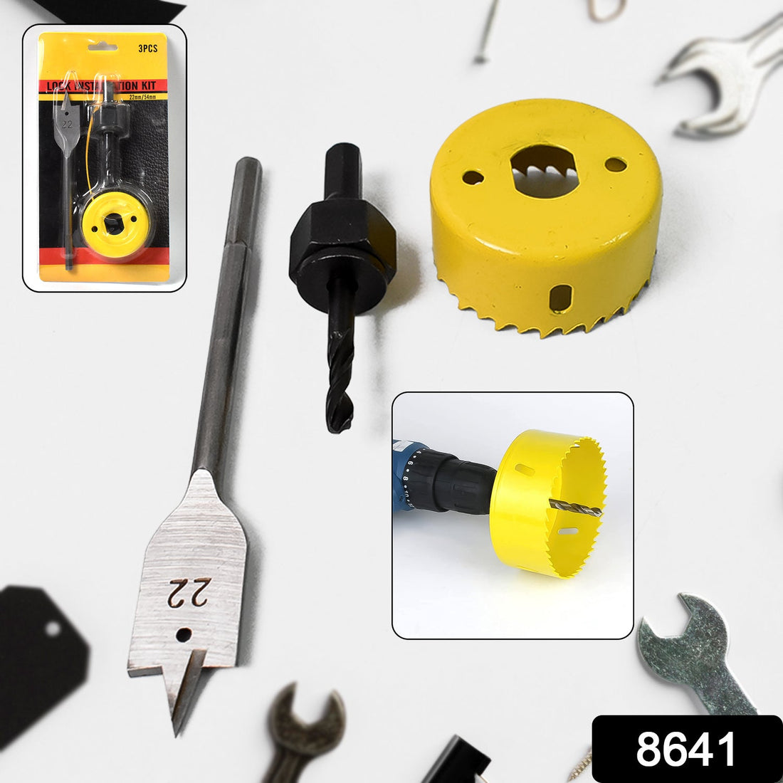 A complete door lock installation kit with a 22mmx150mm hole saw and drill bit for woodworking.