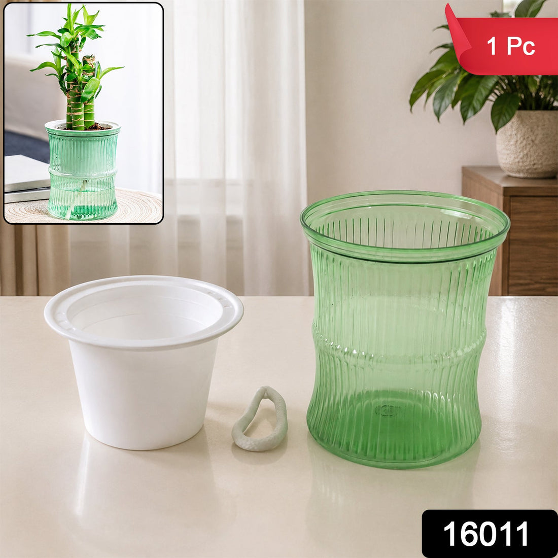 Bamboo-style self-watering plastic flower pot with cotton wick