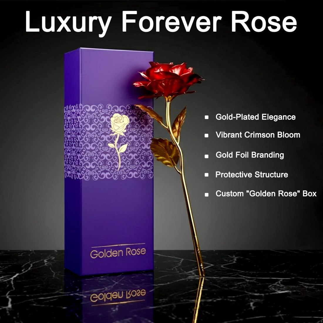 Beautiful 24K artificial golden rose with red petals displayed in elegant gift box